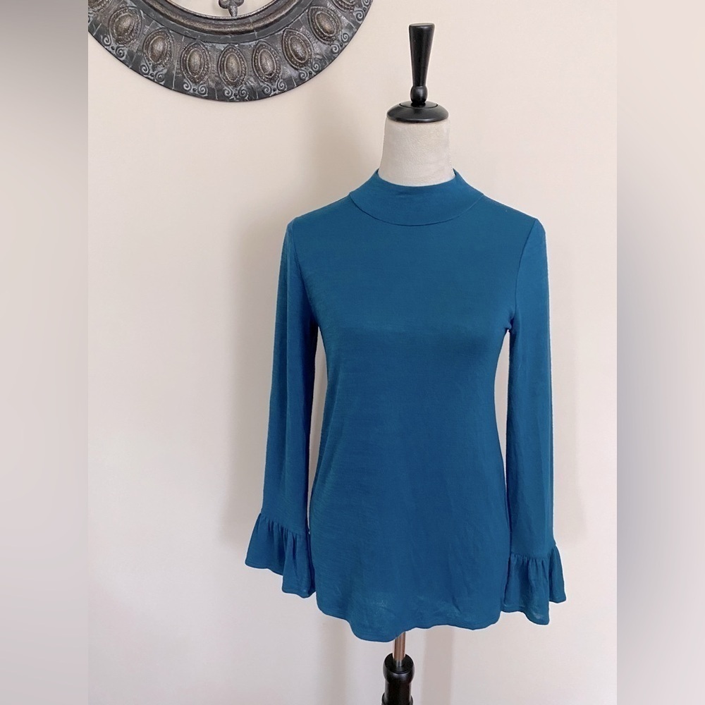 WHBM Mock Neck Ruffle Sleeve Soft Long Sleeve Teal Blouse